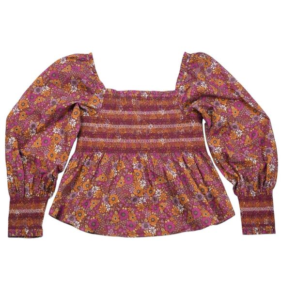 Hale Bob Floral Smocked Peplum Blouse Long Sleeve Cotton Size XL - Picture 5 of 5